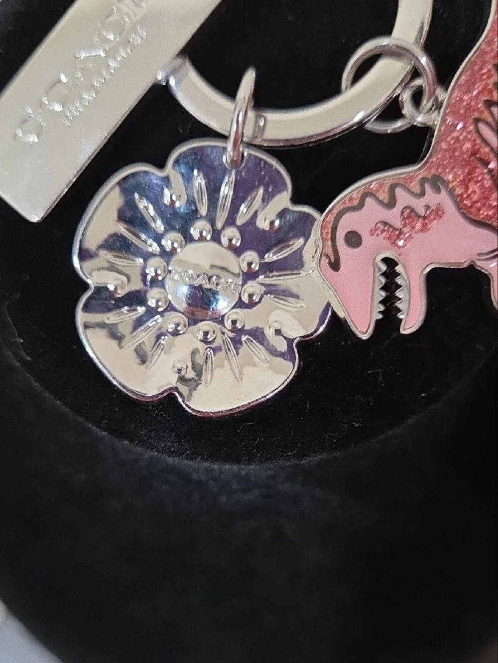 Coach T-rex Pink Glitter Dinosaur Charm with Silver Flower Tag And Coach Hit